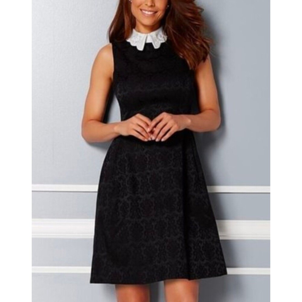 NY&Co Eva Mendes Jaquard Black Dress With a white Collar with Peal and Gem sz 12